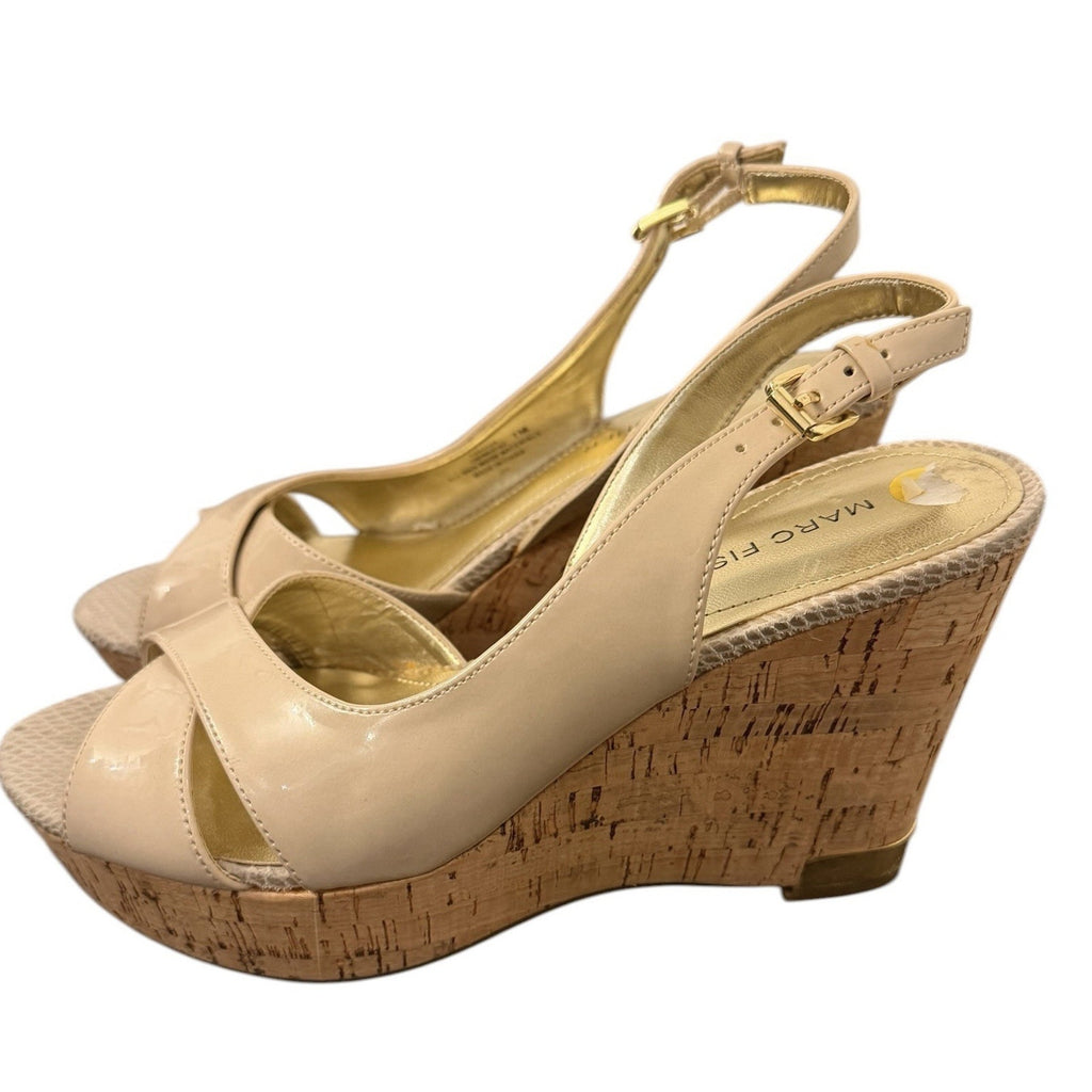 Marc Fisher Women Slingback Buckle Wedge Beige Patent Leather 7M Y2K Style