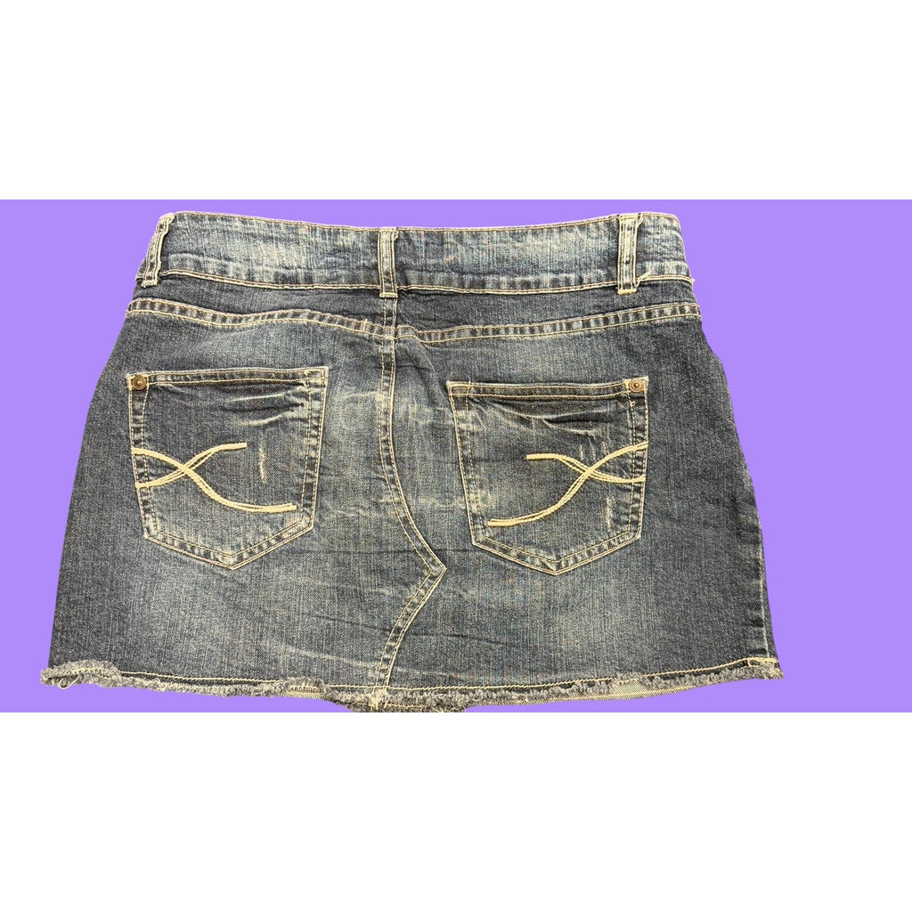 Y2K Denim Life Distressed Denim Mini Skirt Raw Hem Embroidered Blue Size 8