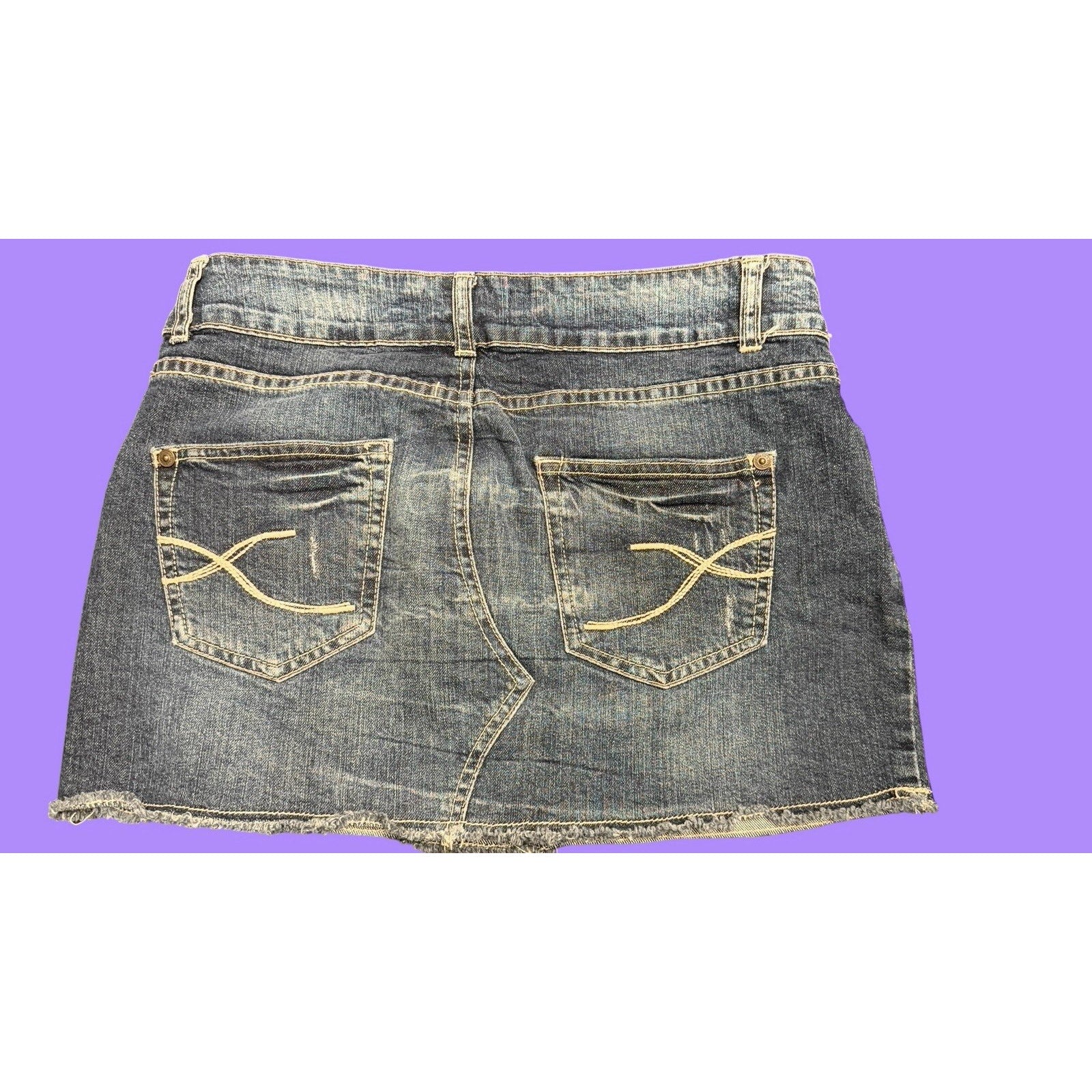 Y2K Denim Life Distressed Denim Mini Skirt Raw Hem Embroidered Blue Size 8