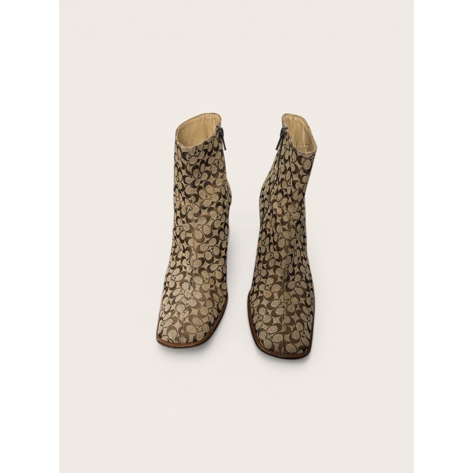 Vintage Coach Signature Monogram Jacquard Y2K Brown Logo Block Heel Booties