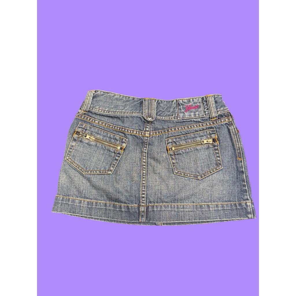 Guess Denim Mini Skirt Blue Zipper Pockets Button Closure Size 26 Vintage Y2K