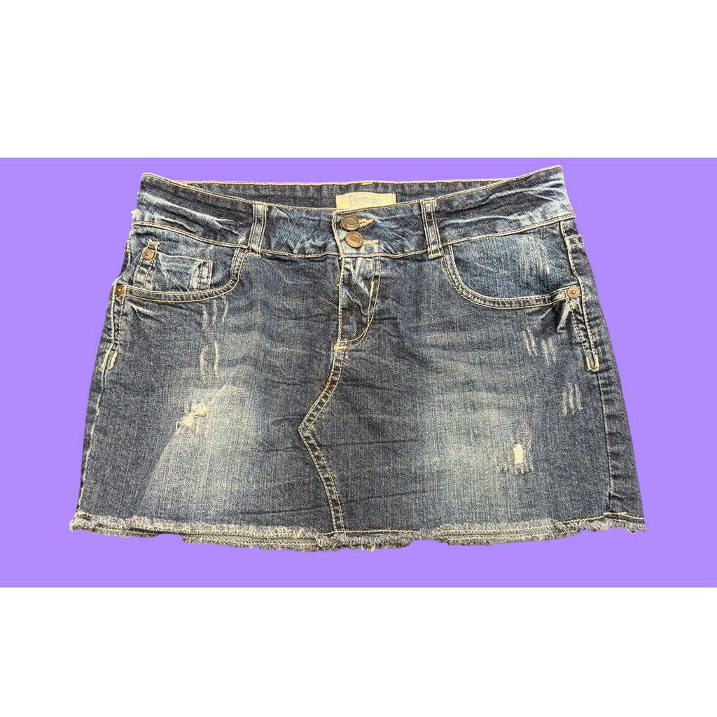 Y2K Denim Life Distressed Denim Mini Skirt Raw Hem Embroidered Blue Size 8