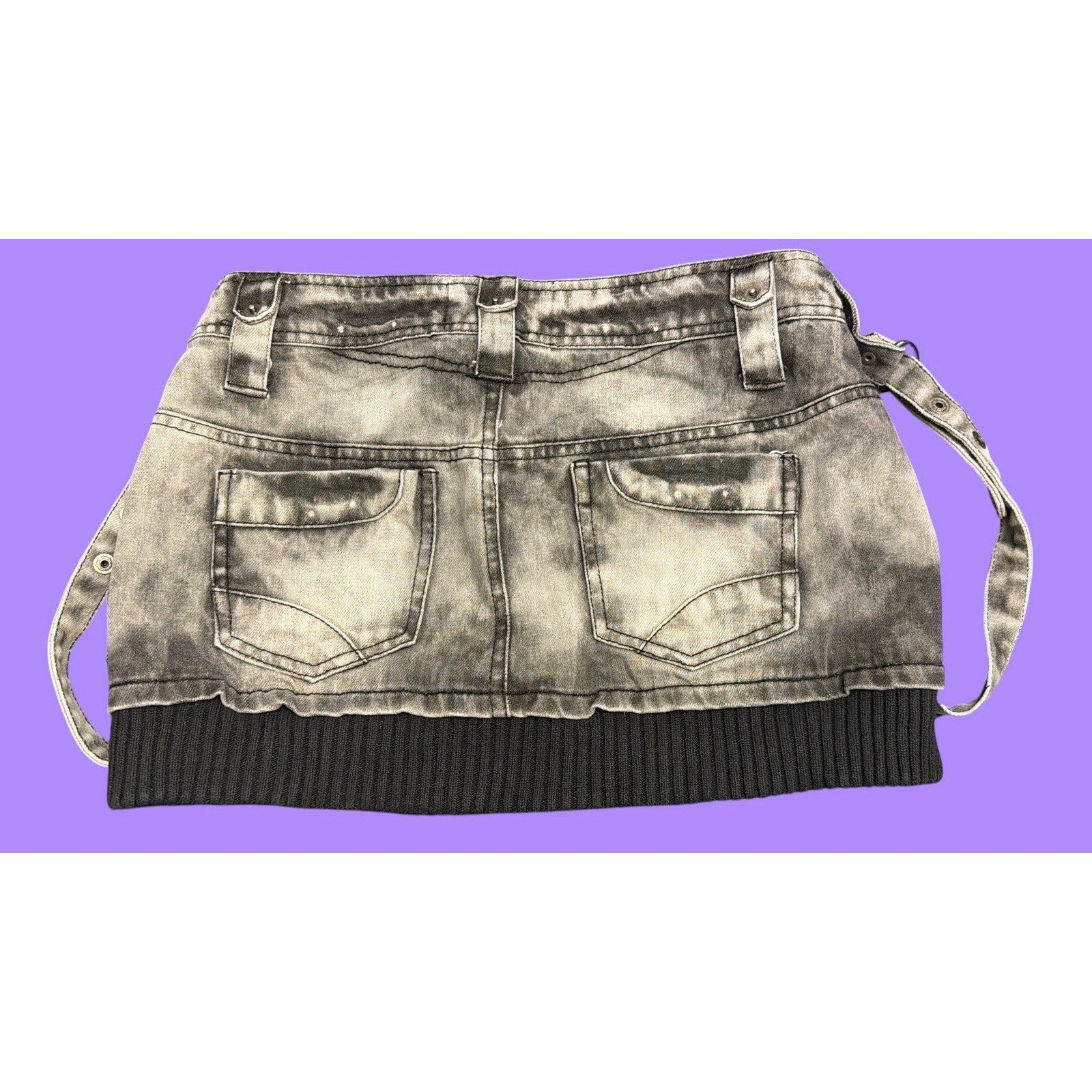 Queen of Darkness Denim Mini Skirt Gray Black Straps Goth - Size S Vintage Y2K