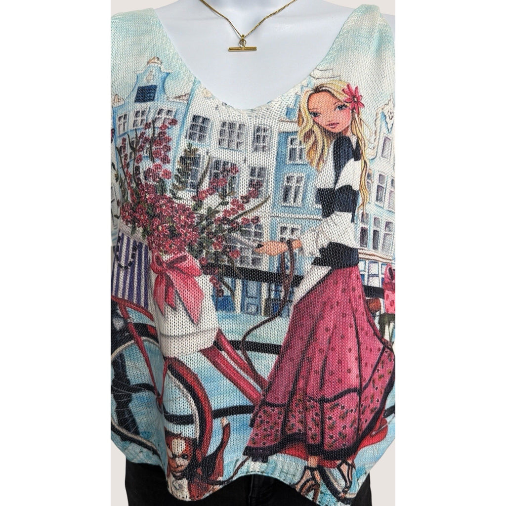Unisono European boutique Graphic knit Tank Whimsical cityscape Graphic