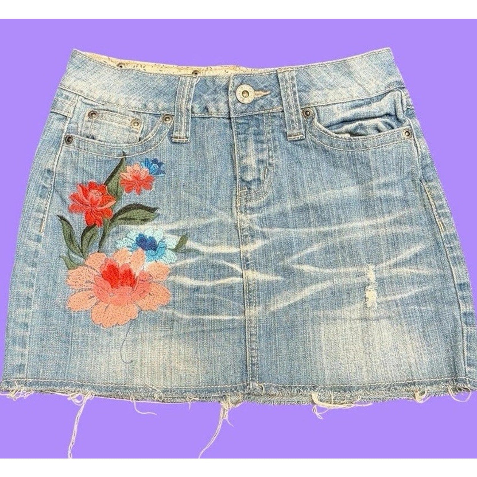 Zana Di Denim Y2K Mini Skirt Floral Embroidered Distressed Raw Hem Juniors 0