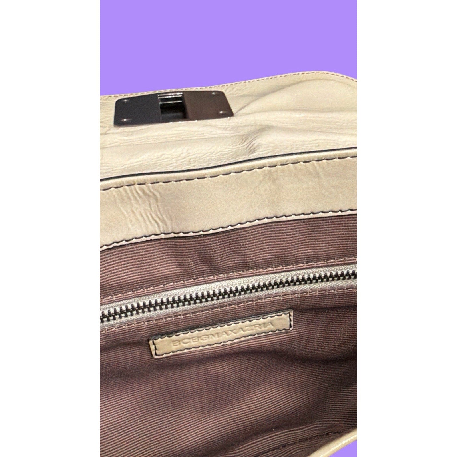 BCBG Max Azria Y2K Leather Clutch – Contrast Stitch + Pink Turn Lock