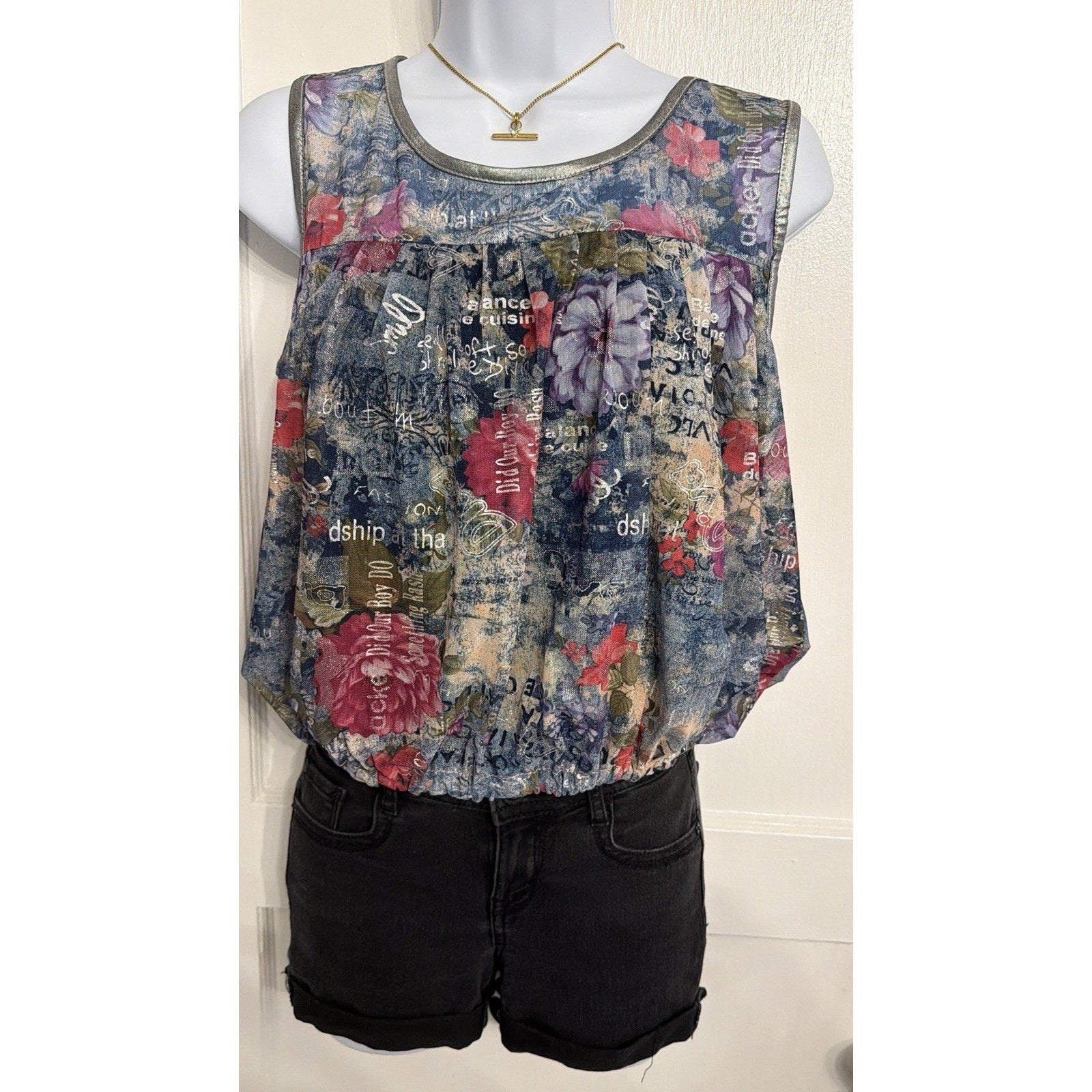 Pussy Cat London Sleeveless Mesh Floral Boho Blouse – Size M Graphic Print Y2K