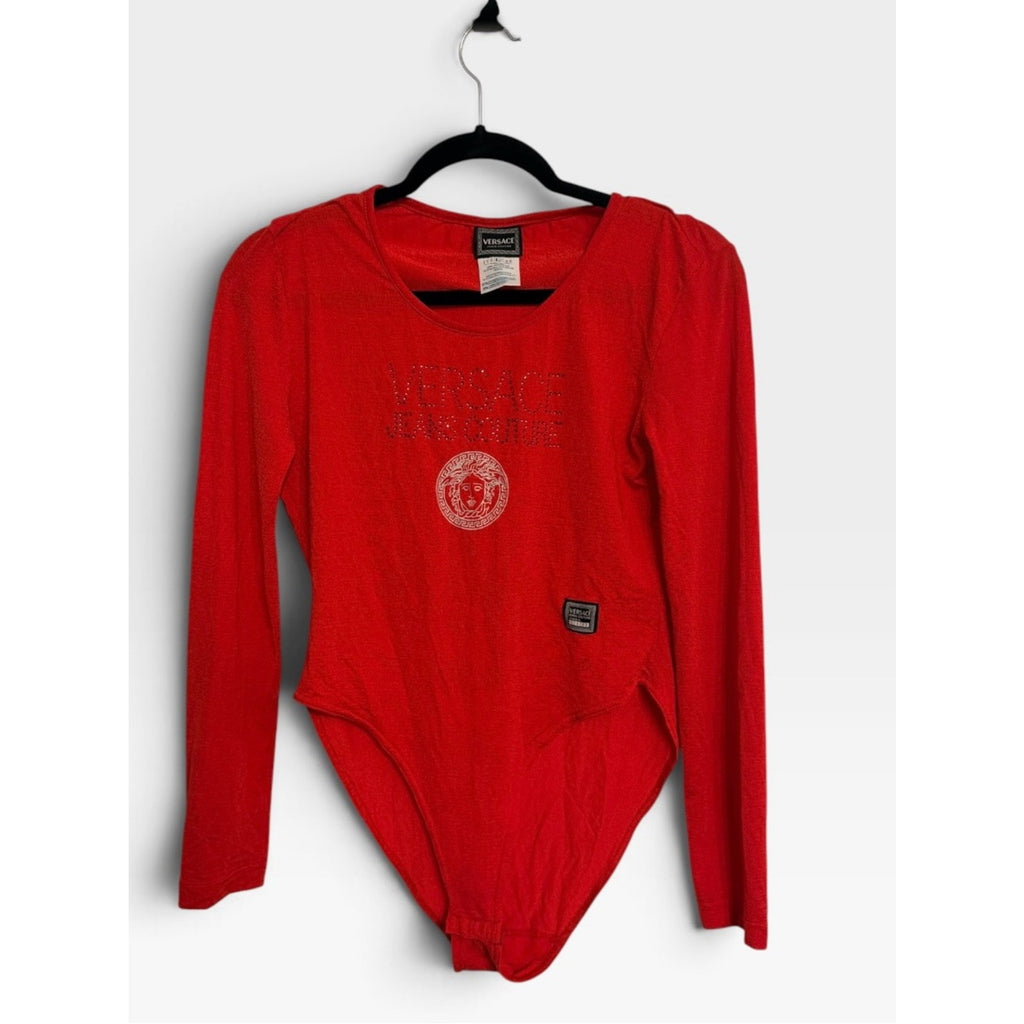 Vintage 1996 Versace Jeans Couture Red Medusa Rhinestone Bodysuit Made in Italy