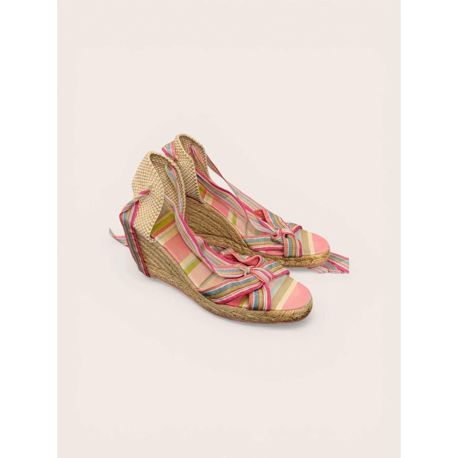 Vintage Coach Striped Espadrille Wedge Sandals Ribbon Tie Ankle Strap Y2K Summer