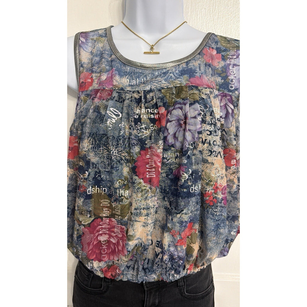 Pussy Cat London Sleeveless Mesh Floral Boho Blouse – Size M Graphic Print Y2K