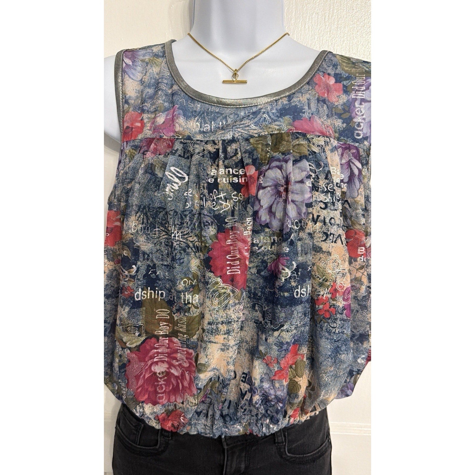 Pussy Cat London Sleeveless Mesh Floral Boho Blouse – Size M Graphic Print Y2K