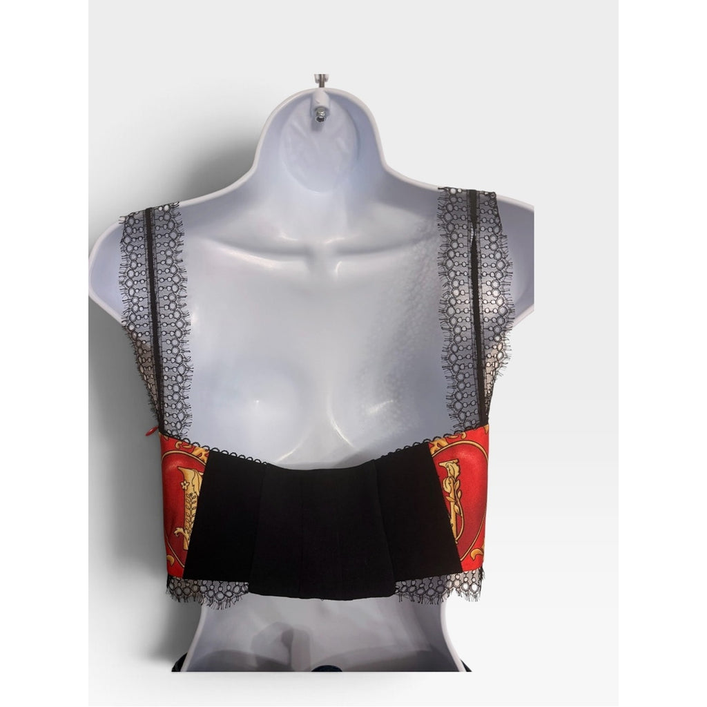Versace 2018 Barocco Silk Bustier Red Gold Black Lace  Size 36 (2) Made in Italy