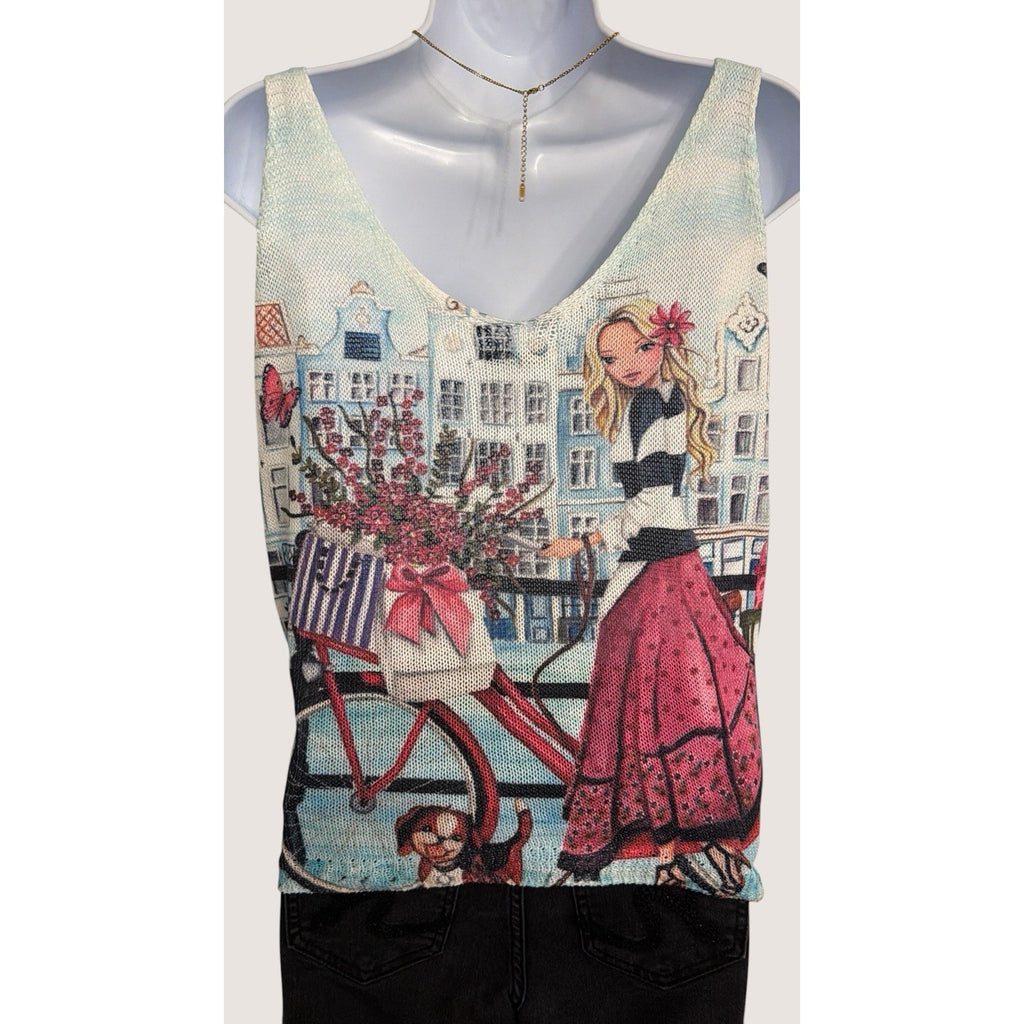 Unisono European boutique Graphic knit Tank Whimsical cityscape Graphic
