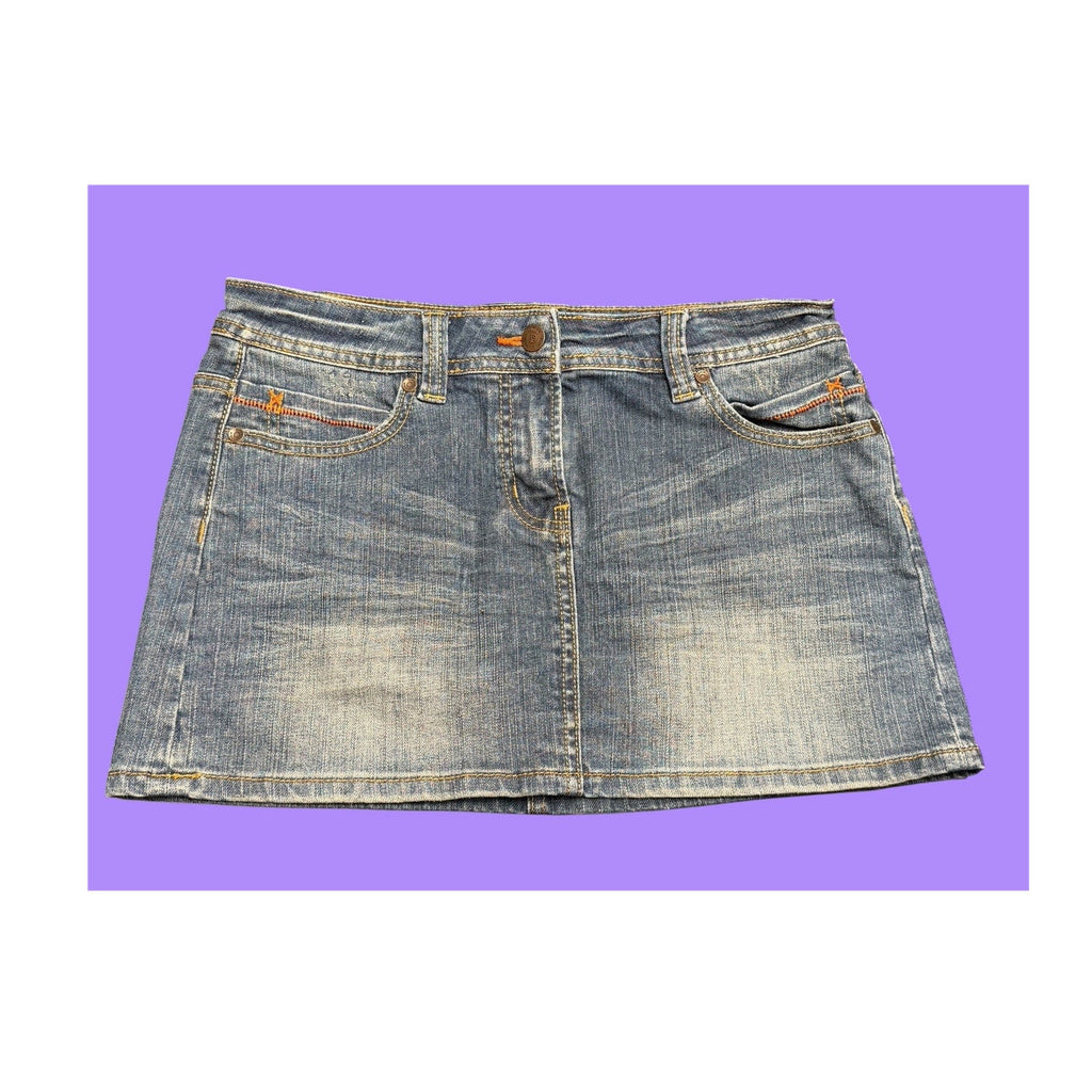Pimkie Blue Denim Mini Skirt Contrast Stitching Pockets Size 10 Y2K Vintage