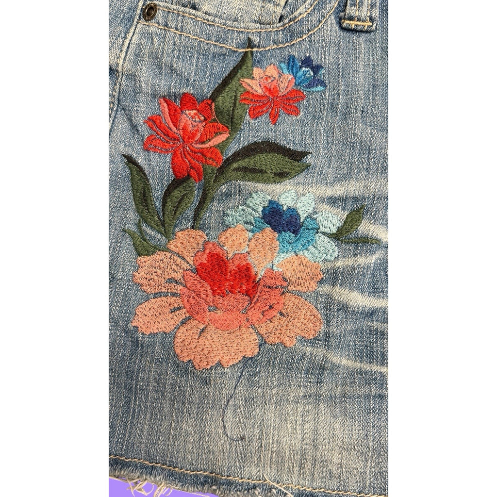 Zana Di Denim Y2K Mini Skirt Floral Embroidered Distressed Raw Hem Juniors 0
