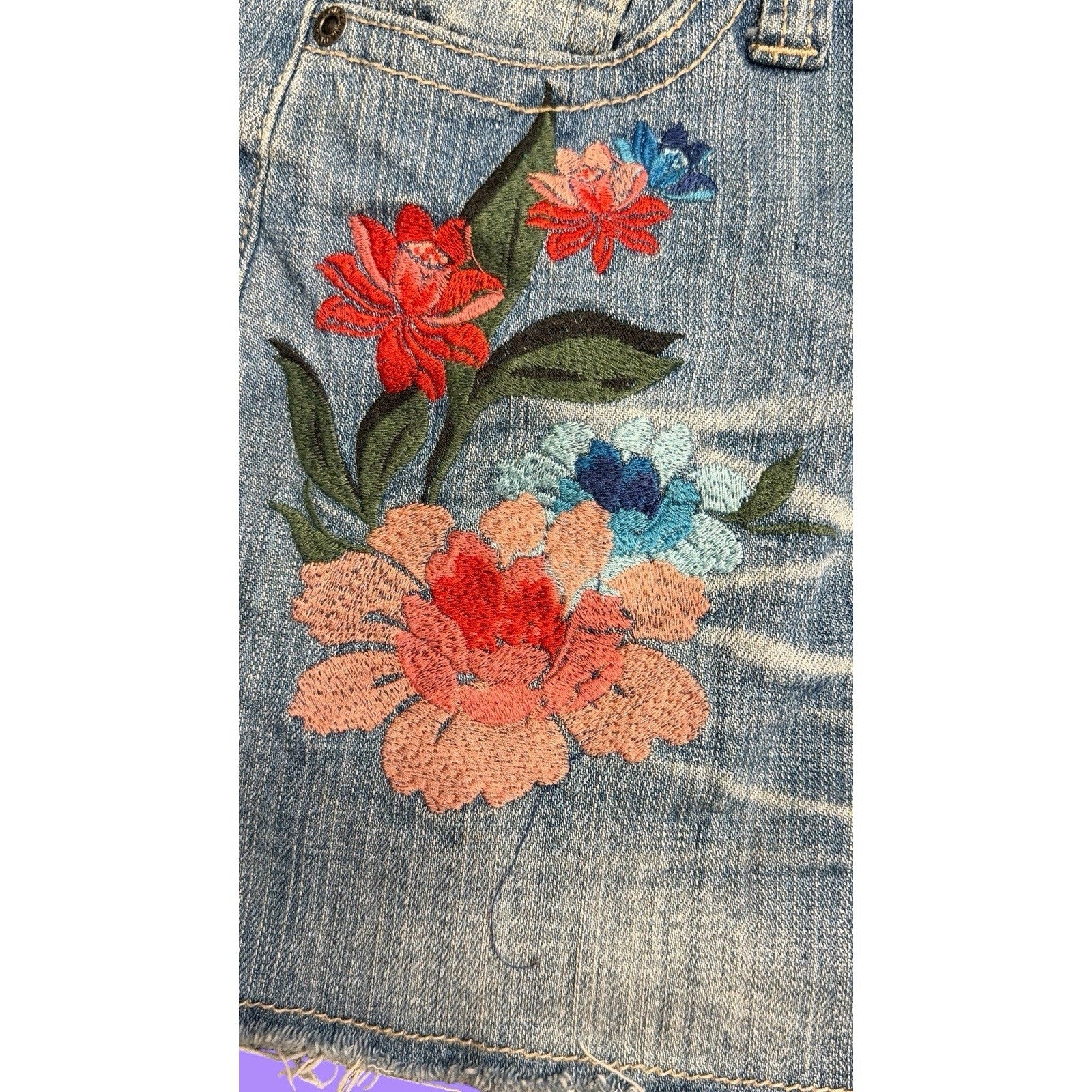 Zana Di Denim Y2K Mini Skirt Floral Embroidered Distressed Raw Hem Juniors 0