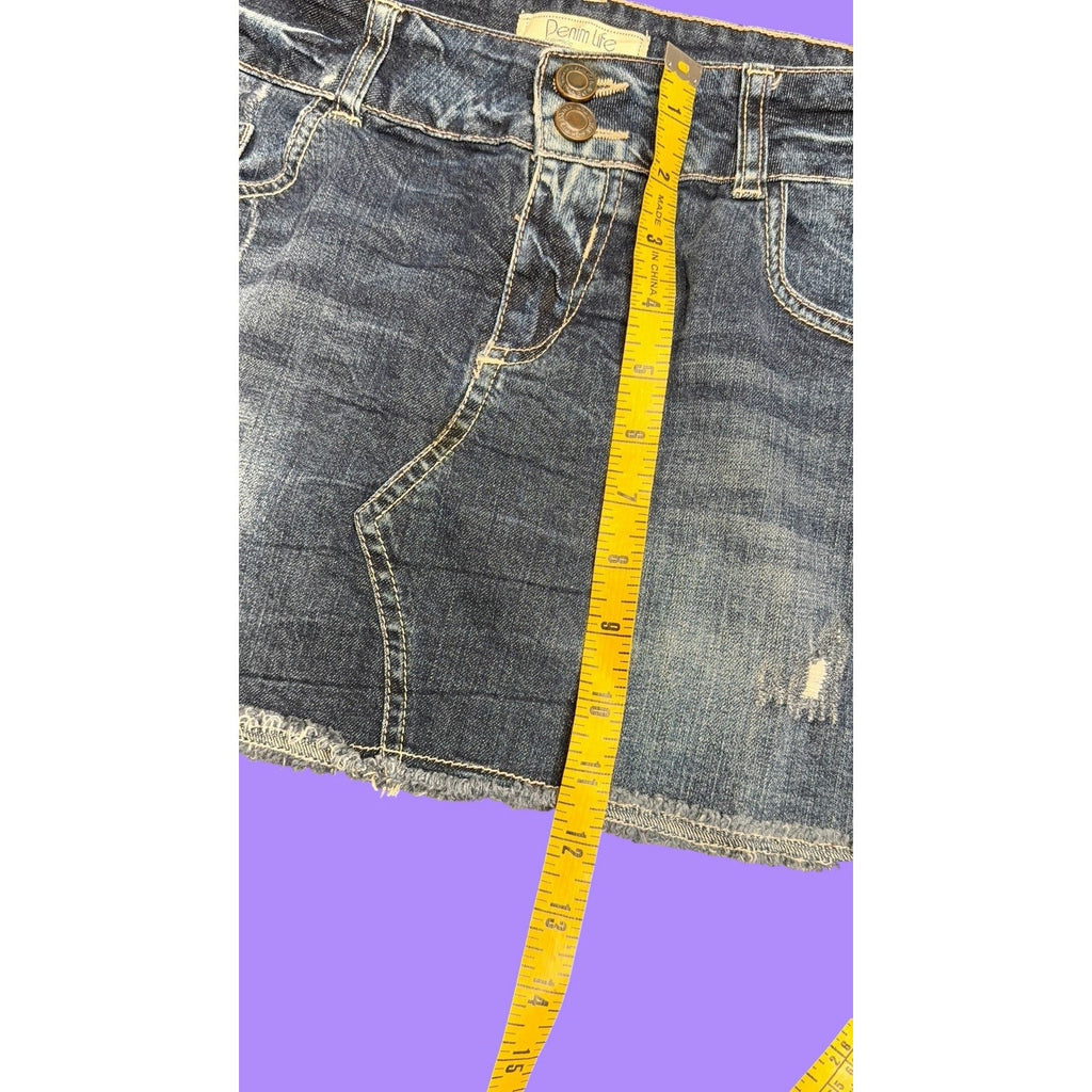 Y2K Denim Life Distressed Denim Mini Skirt Raw Hem Embroidered Blue Size 8