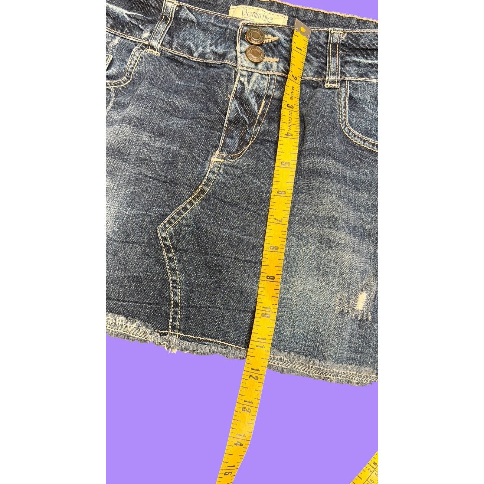 Y2K Denim Life Distressed Denim Mini Skirt Raw Hem Embroidered Blue Size 8