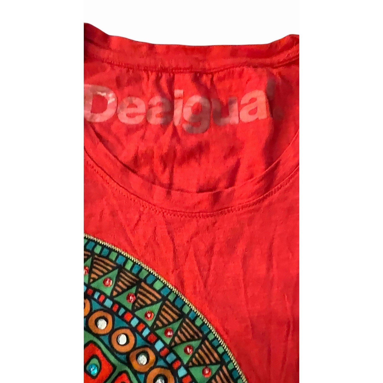 Desigual Sleeveless Mandala Print Top – Vibrant Red Boho Tank With Sequins