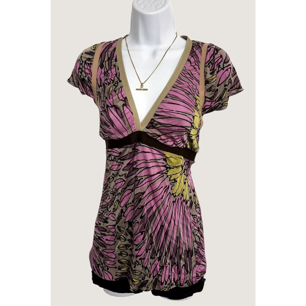Y2K Floral Empire Waist Tunic Top | Pink Brown Graphic Print | Women’s