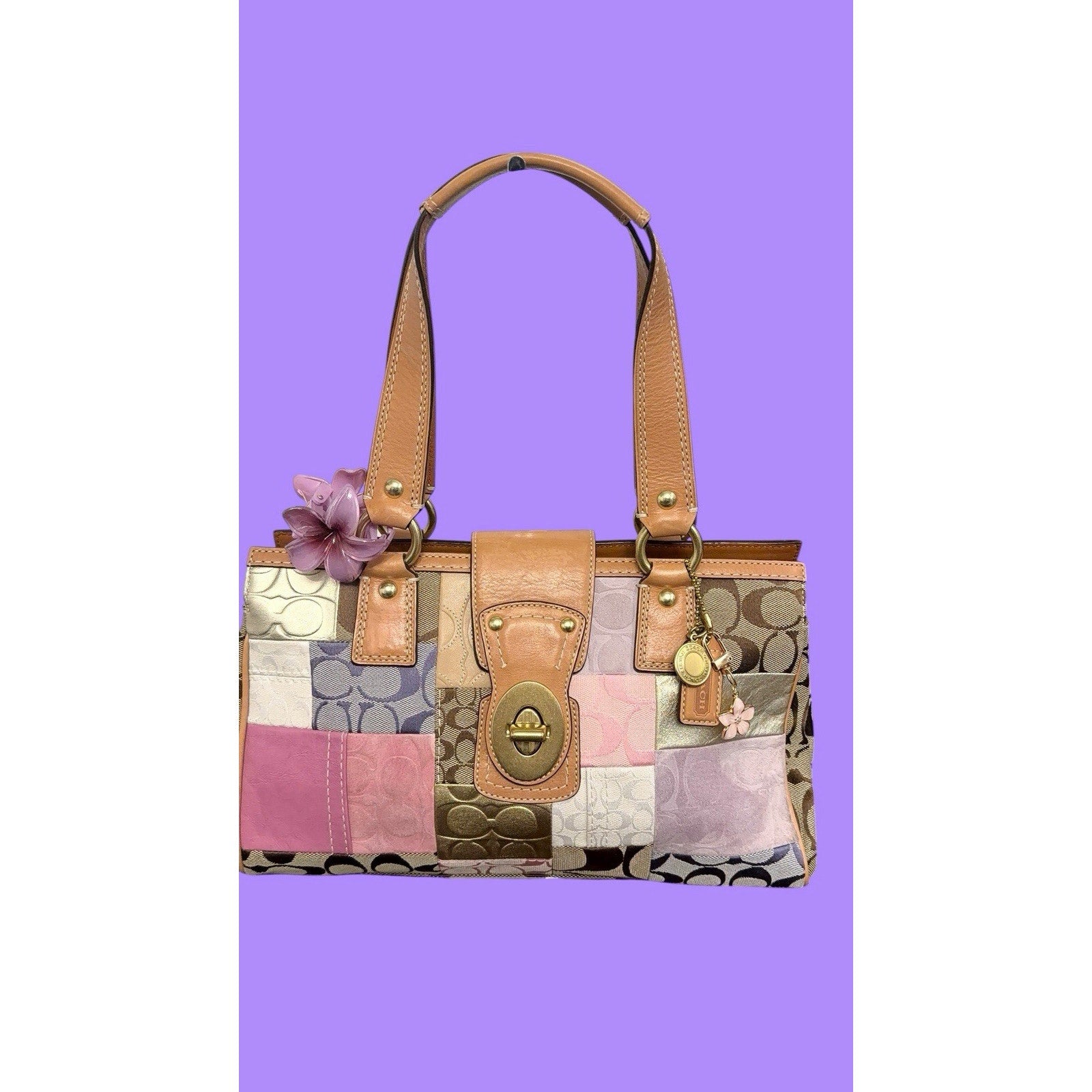 Coach Vintage Signature Patchwork Medium Satchel Pastel Turnlock Rare Y2K