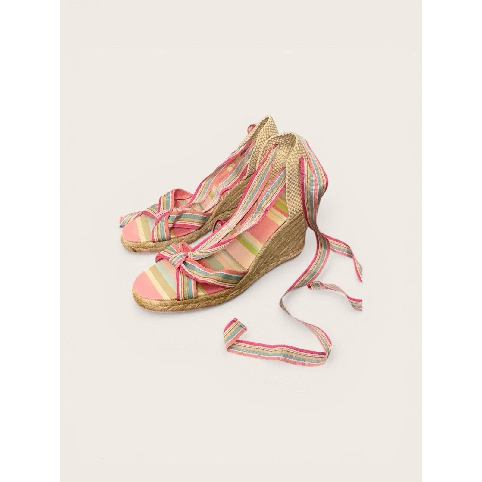 Vintage Coach Striped Espadrille Wedge Sandals Ribbon Tie Ankle Strap Y2K Summer
