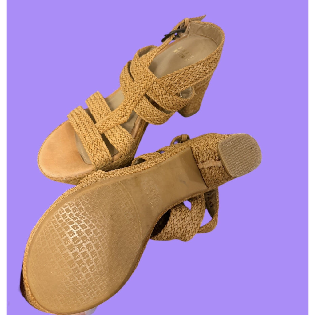 Stuart Weitzman SIZE 8 Narrow woven raffia platform heels sandals Y2K Boho