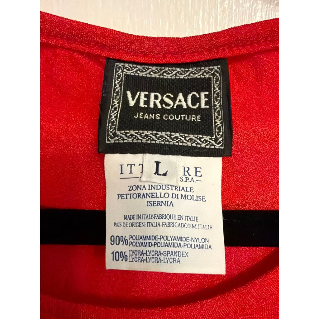 Vintage 1996 Versace Jeans Couture Red Medusa Rhinestone Bodysuit Made in Italy