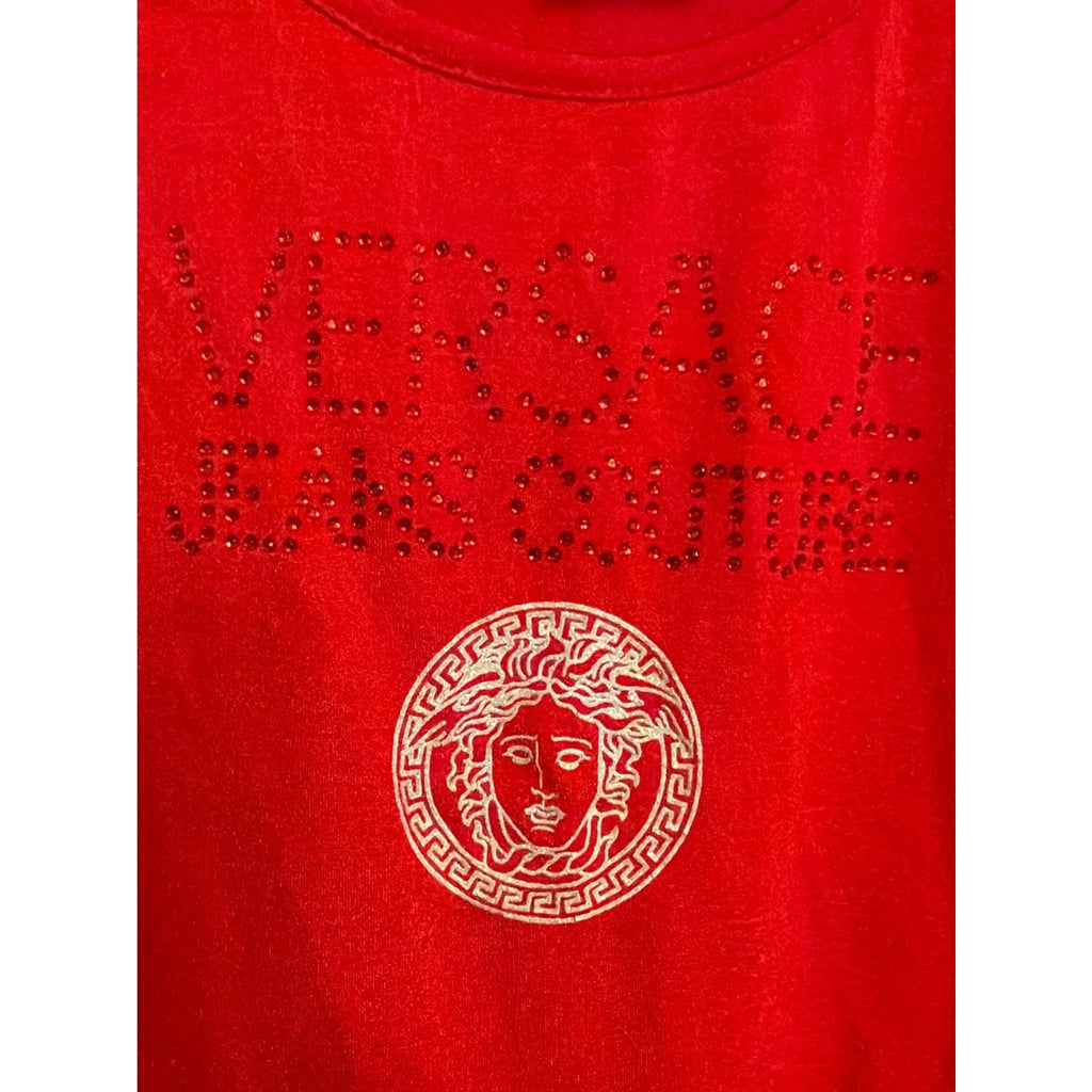 Vintage 1996 Versace Jeans Couture Red Medusa Rhinestone Bodysuit Made in Italy