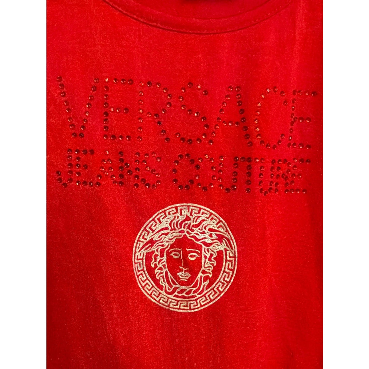 Vintage 1996 Versace Jeans Couture Red Medusa Rhinestone Bodysuit Made in Italy