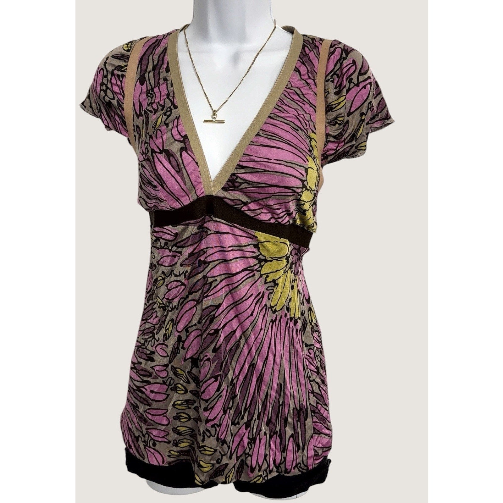 Y2K Floral Empire Waist Tunic Top | Pink Brown Graphic Print | Women’s