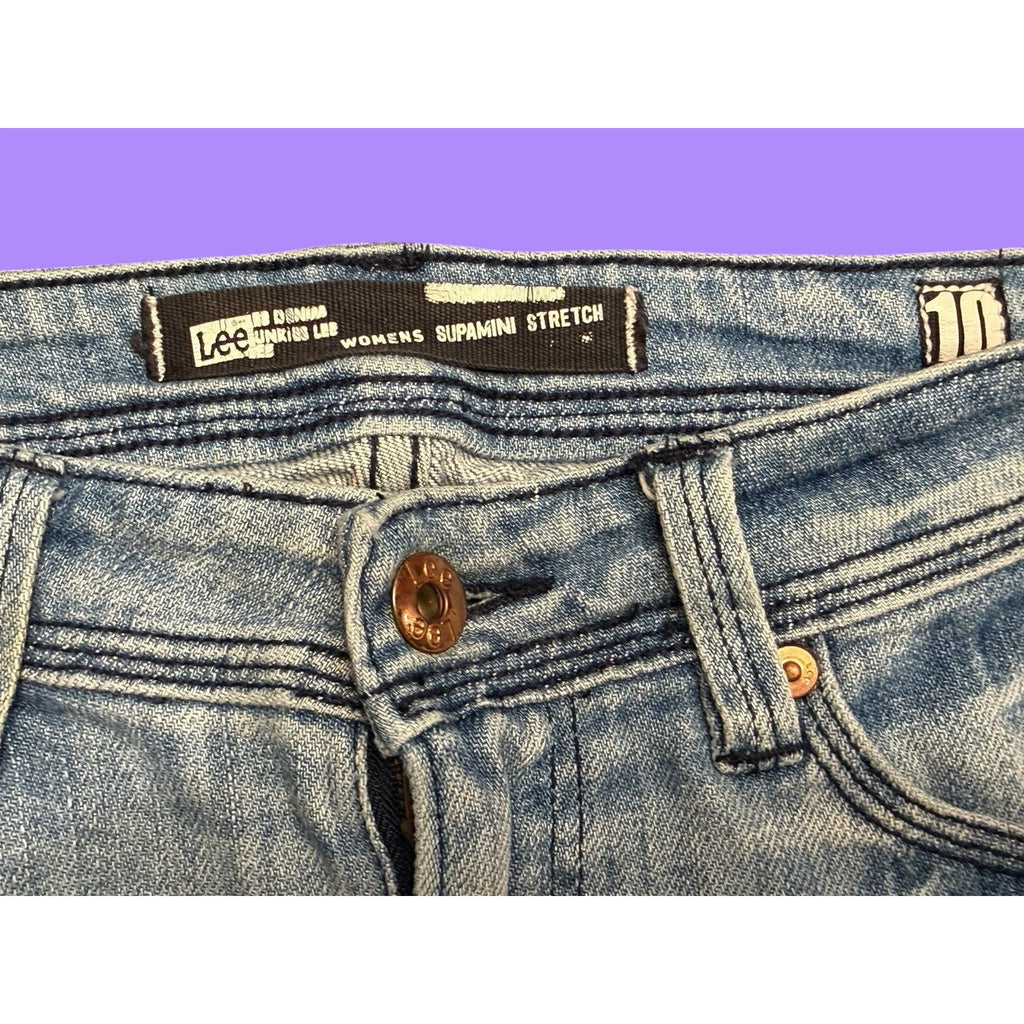 Lee Blue Denim Mini Skirt Stretch Button Pockets Y2K style size 10
