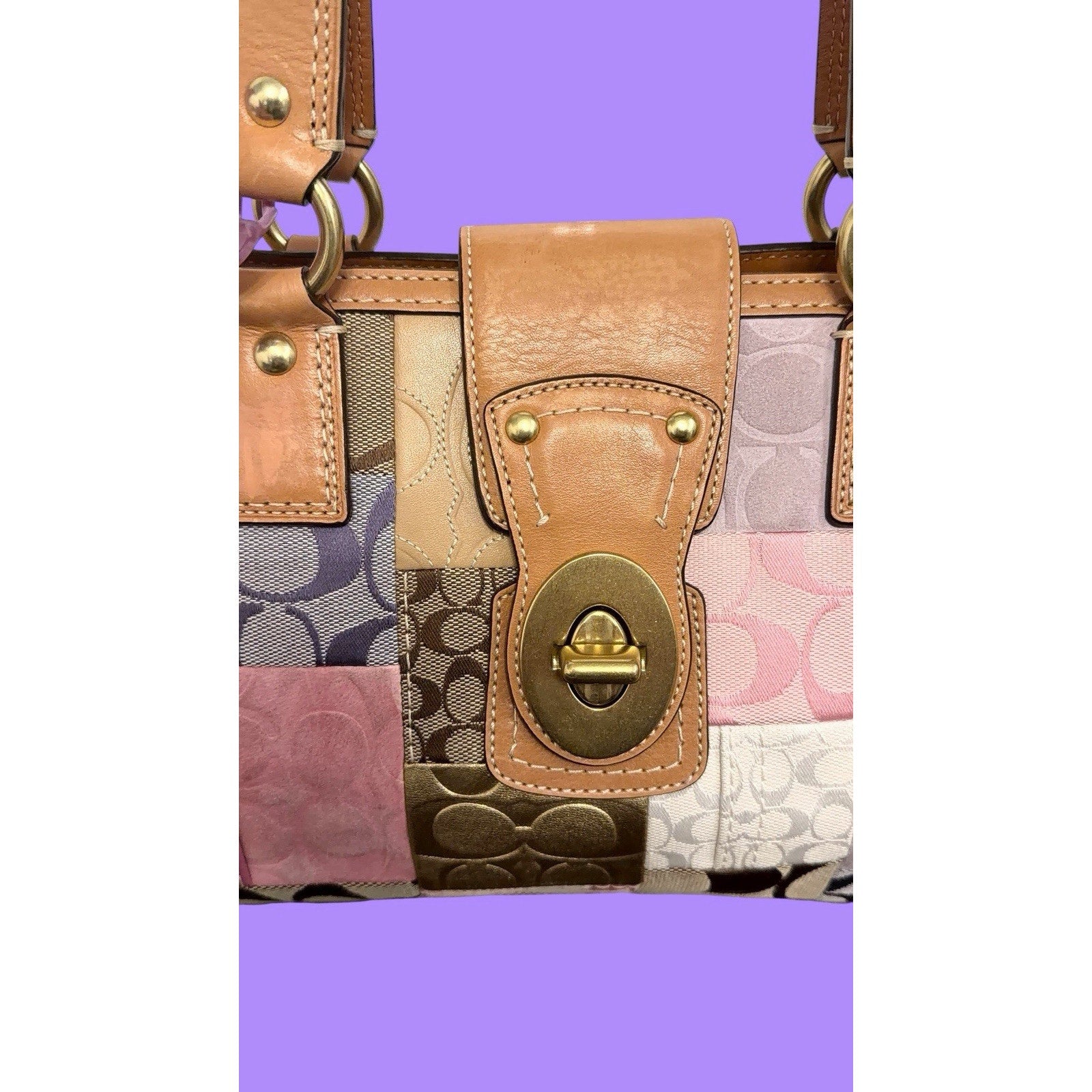 Coach Vintage Signature Patchwork Medium Satchel Pastel Turnlock Rare Y2K