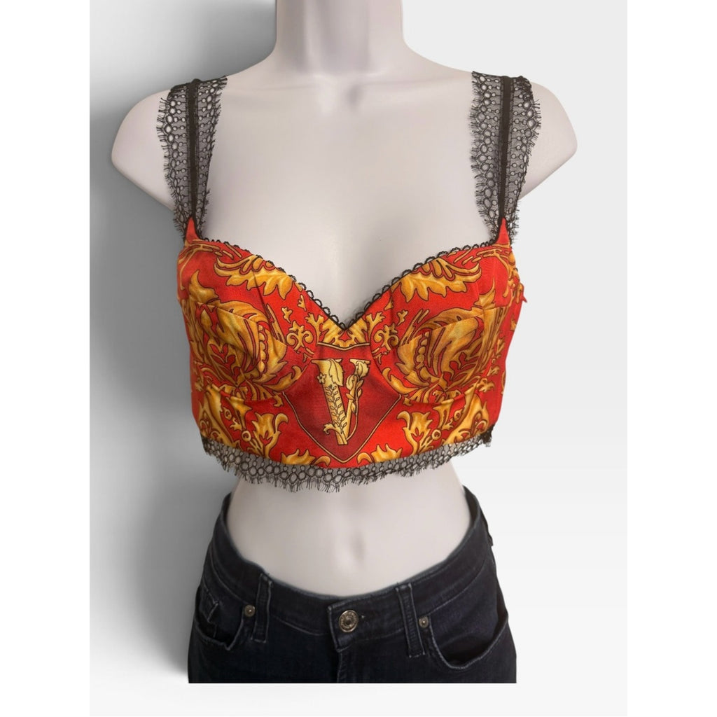 Versace 2018 Barocco Silk Bustier Red Gold Black Lace  Size 36 (2) Made in Italy