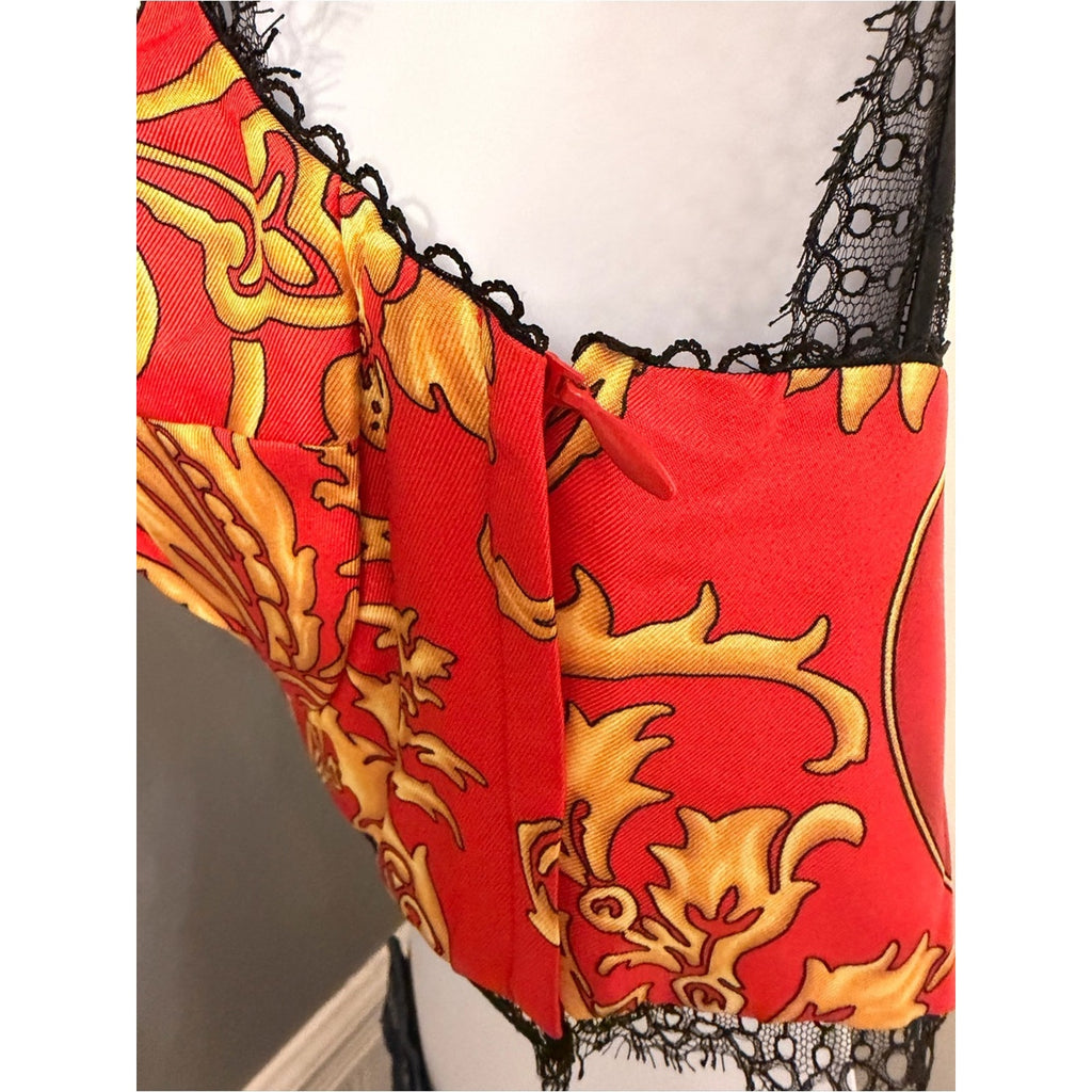 Versace 2018 Barocco Silk Bustier Red Gold Black Lace  Size 36 (2) Made in Italy