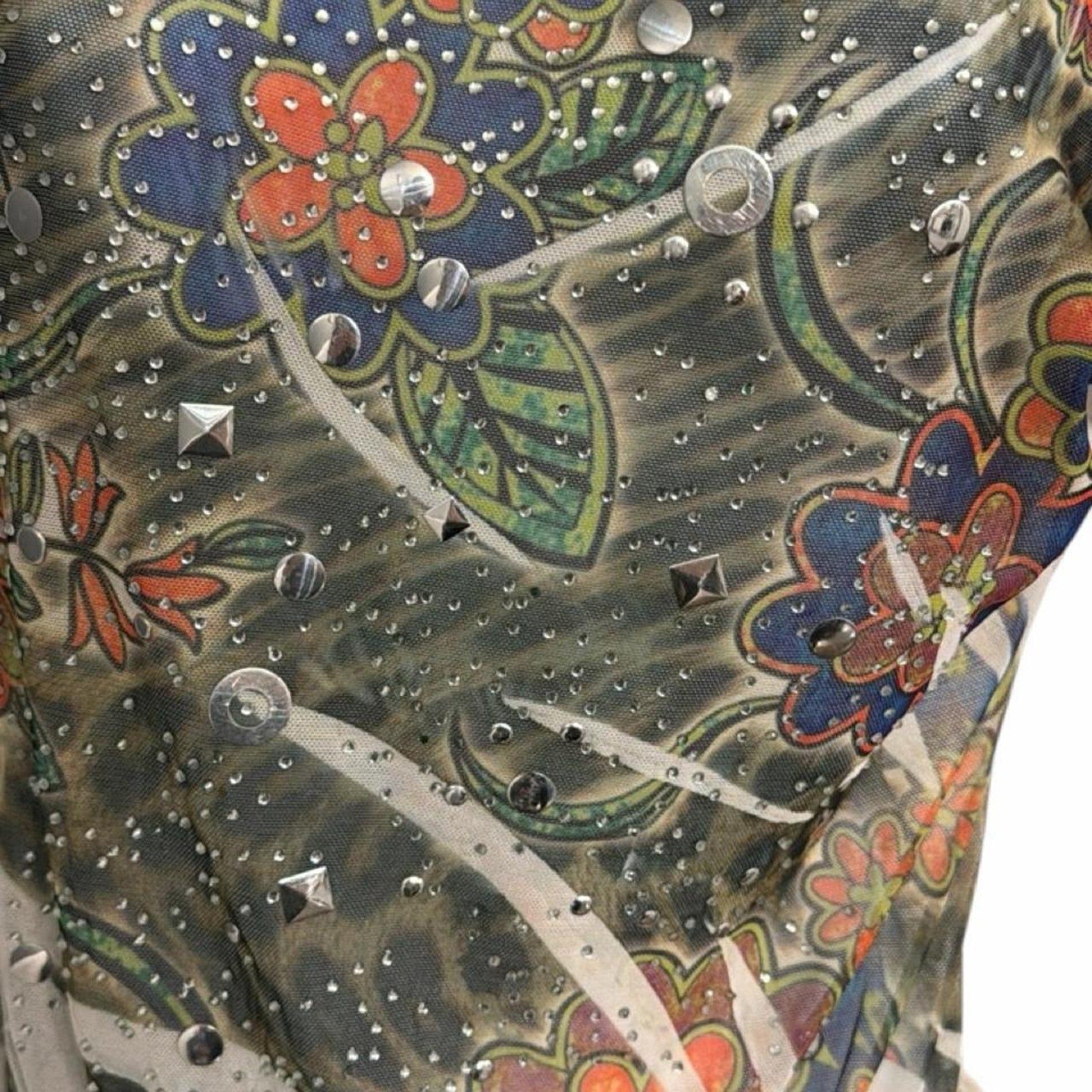 Y2K Floral Mesh blouse with silver stud detail ruffle peplum