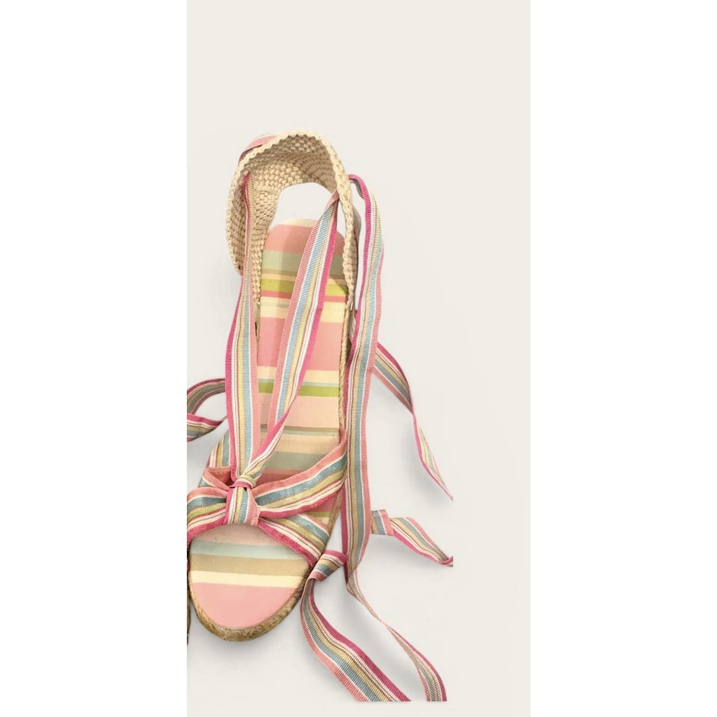 Vintage Coach Striped Espadrille Wedge Sandals Ribbon Tie Ankle Strap Y2K Summer