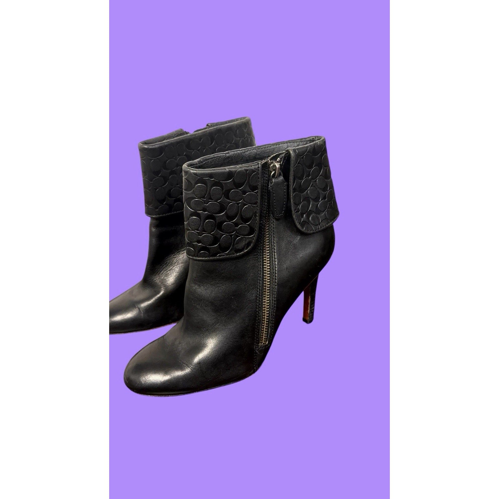 Coach Size 8 Mackenna High Heel Booties Boots Embossed Cuff Leather Black Shoes