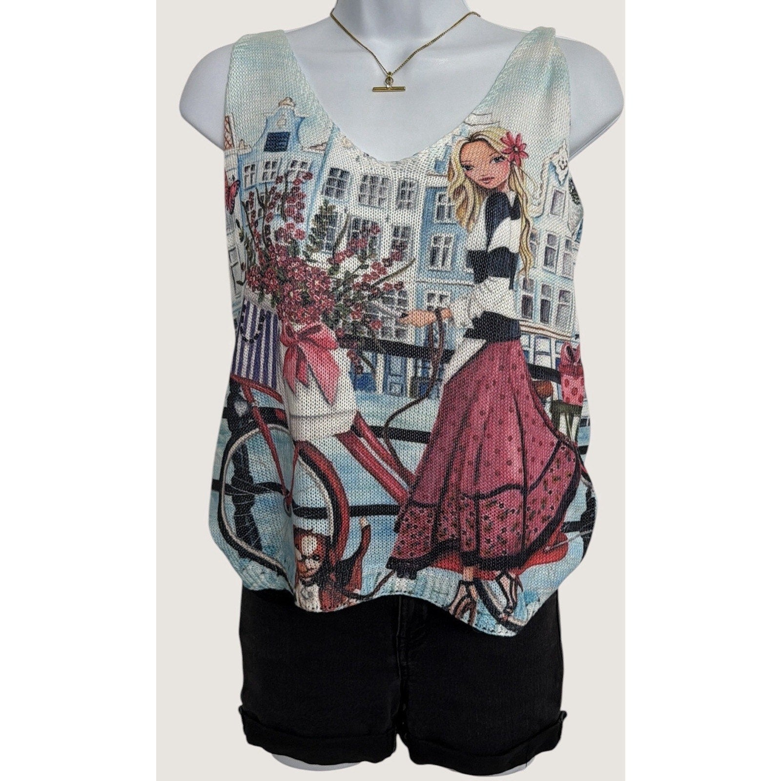 Unisono European boutique Graphic knit Tank Whimsical cityscape Graphic