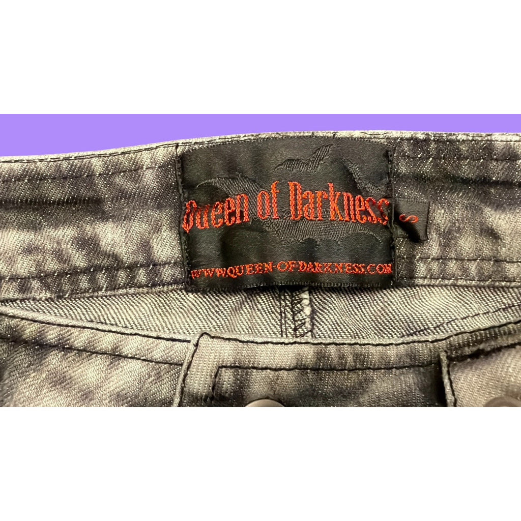 Queen of Darkness Denim Mini Skirt Gray Black Straps Goth - Size S Vintage Y2K