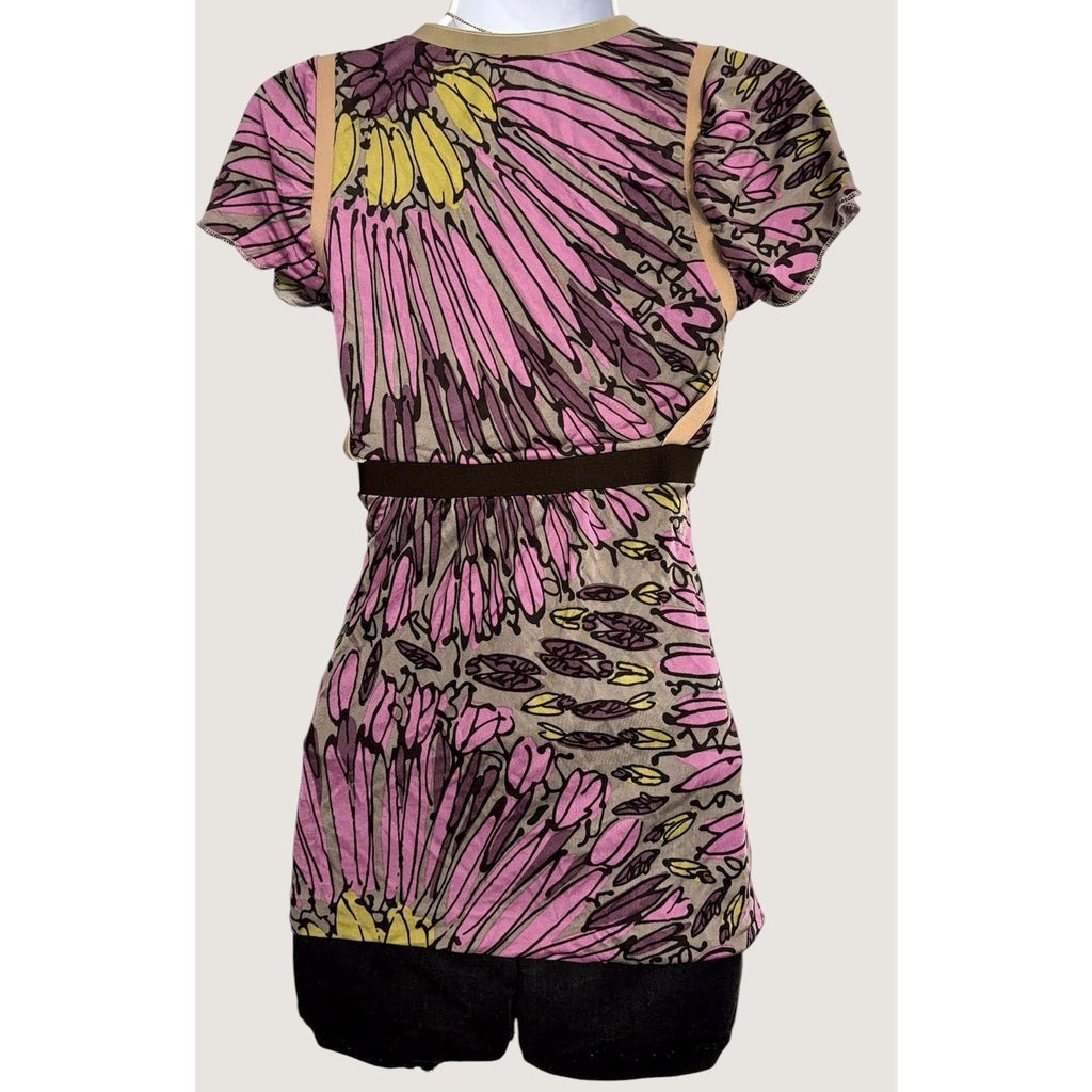 Y2K Floral Empire Waist Tunic Top | Pink Brown Graphic Print | Women’s