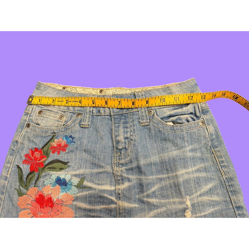 Zana Di Denim Y2K Mini Skirt Floral Embroidered Distressed Raw Hem Juniors 0