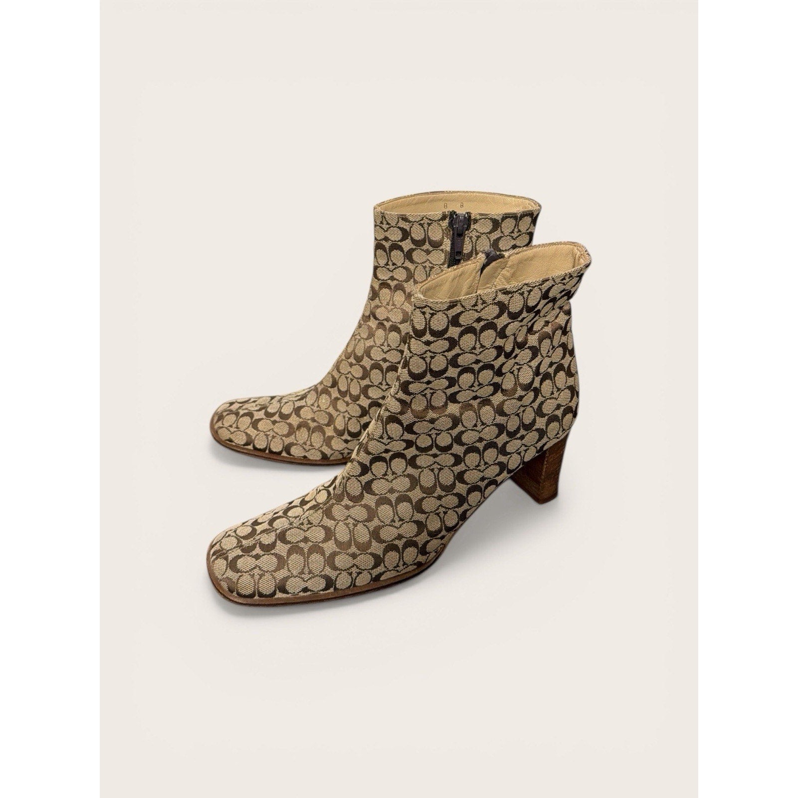 Vintage Coach Signature Monogram Jacquard Y2K Brown Logo Block Heel Booties