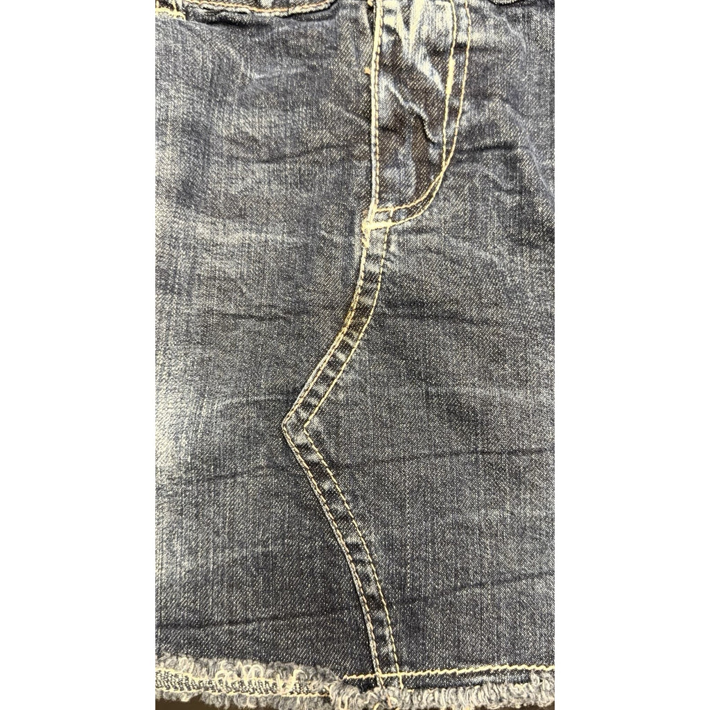Y2K Denim Life Distressed Denim Mini Skirt Raw Hem Embroidered Blue Size 8