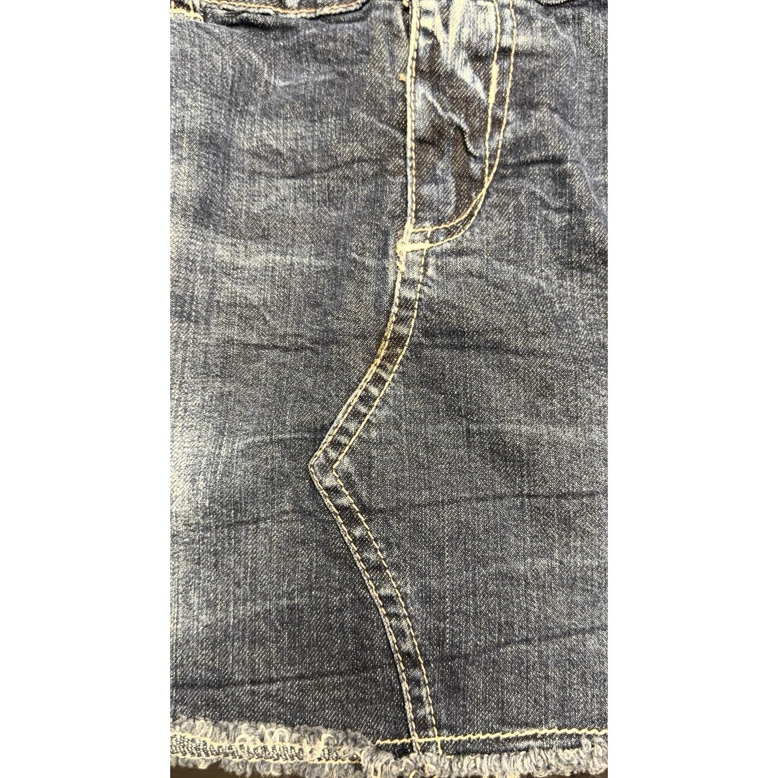 Y2K Denim Life Distressed Denim Mini Skirt Raw Hem Embroidered Blue Size 8