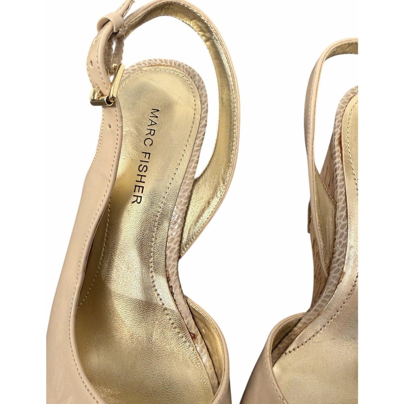 Marc Fisher Women Slingback Buckle Wedge Beige Patent Leather 7M Y2K Style