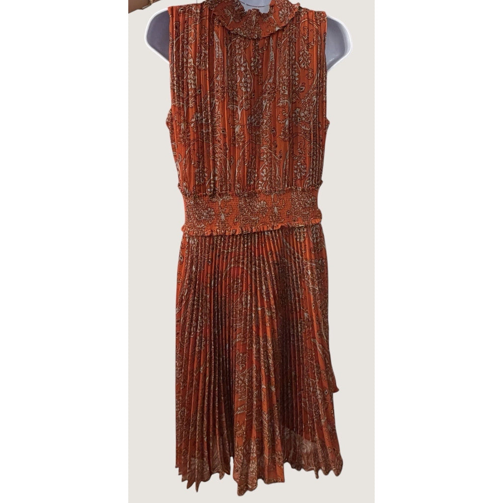 Nanette Lepore Women's Dress Size 12 Orange Floral Pleated Sleeveless High Neck