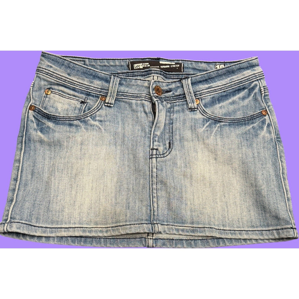 Lee Blue Denim Mini Skirt Stretch Button Pockets Y2K style size 10