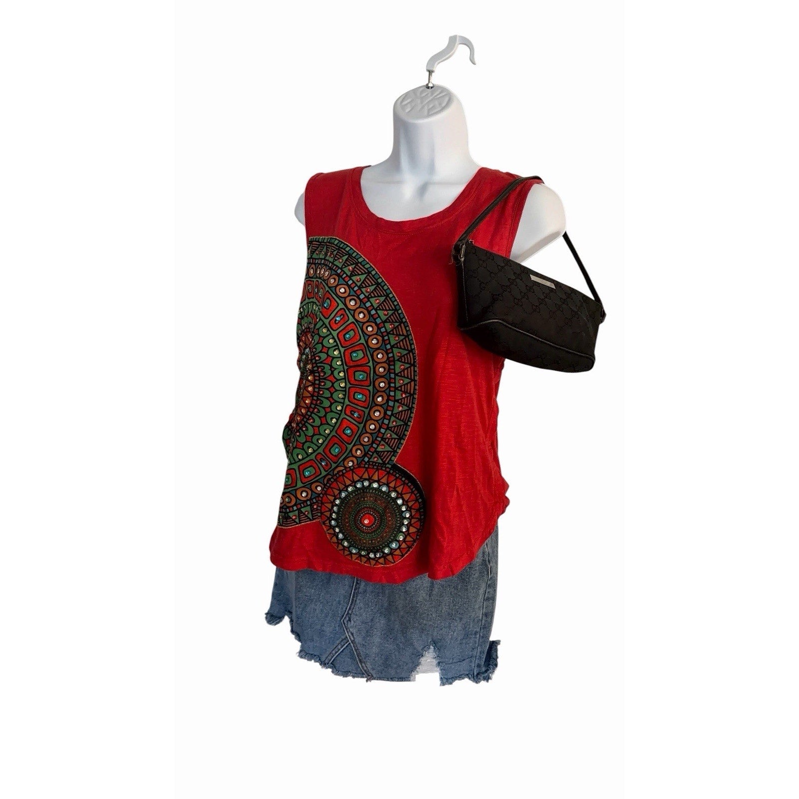 Desigual Sleeveless Mandala Print Top – Vibrant Red Boho Tank With Sequins