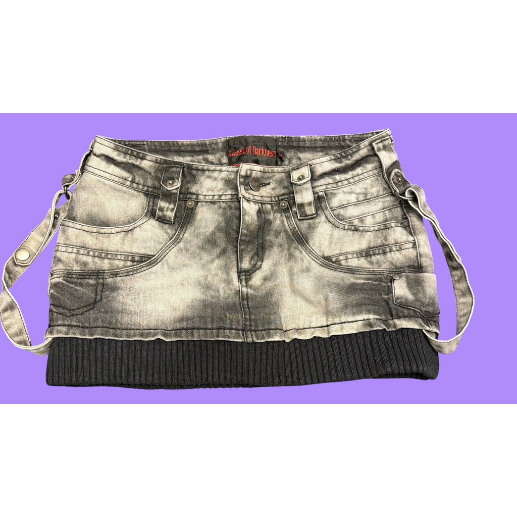 Queen of Darkness Denim Mini Skirt Gray Black Straps Goth - Size S Vintage Y2K